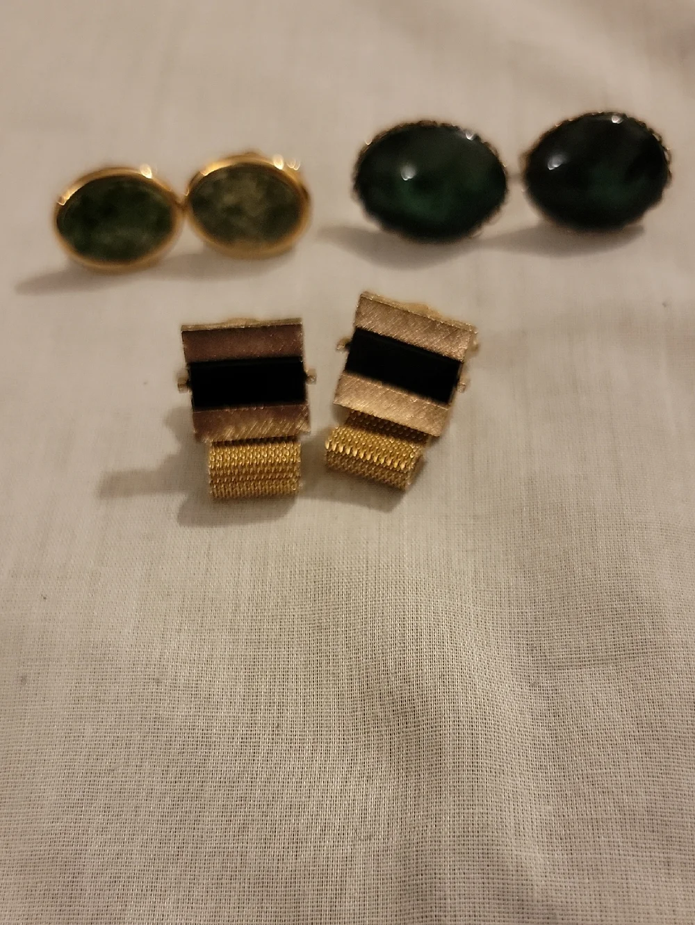 Vintage Men's Gold-Tone Green Marble, Oval Gemstone & Black Inlay Cufflinks